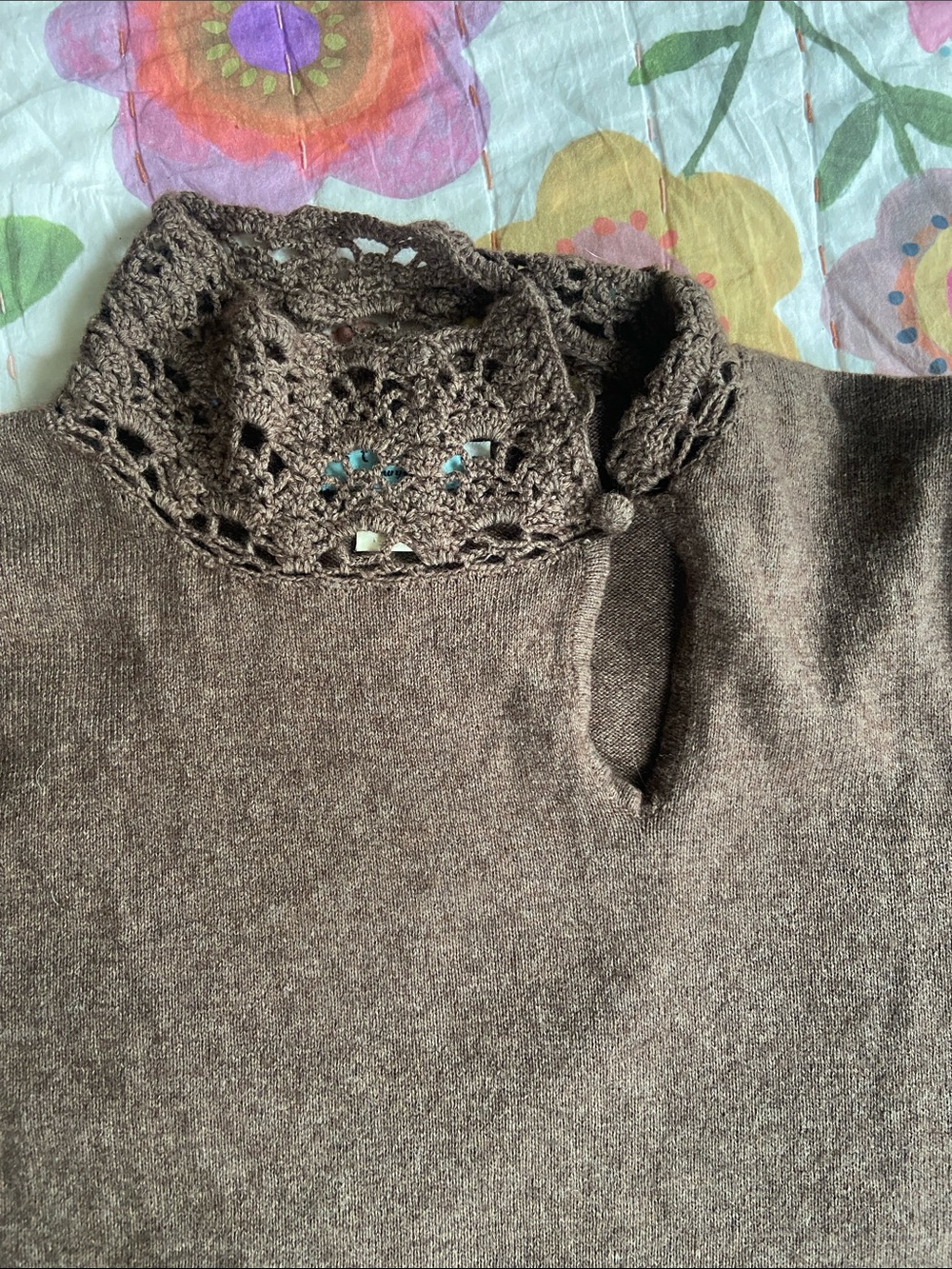 Vintage Y2k Chocolate Brown Lace-Trim Cashmere Sweater M - Picture 5 of 11
